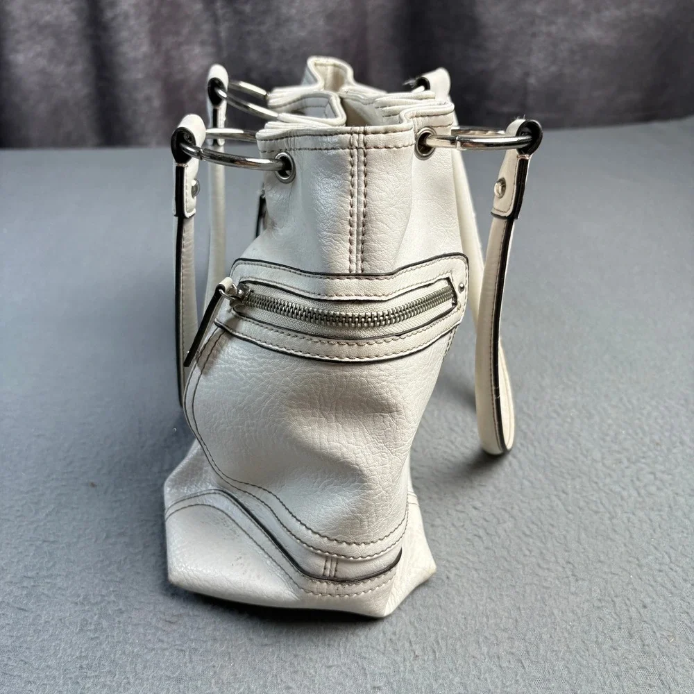 Nine West Womens Cream Faux Leather Shoulder Bag Silver Hardware O-Ring Tote